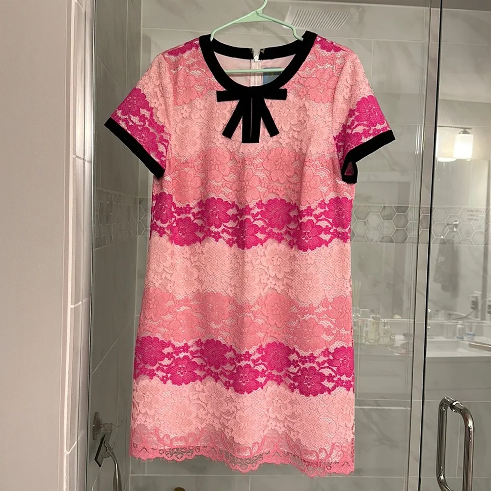 pink lace dress with black bow Pink Silk Crepe Bias Dress With Black Velvet Bow Detail  Rodarte